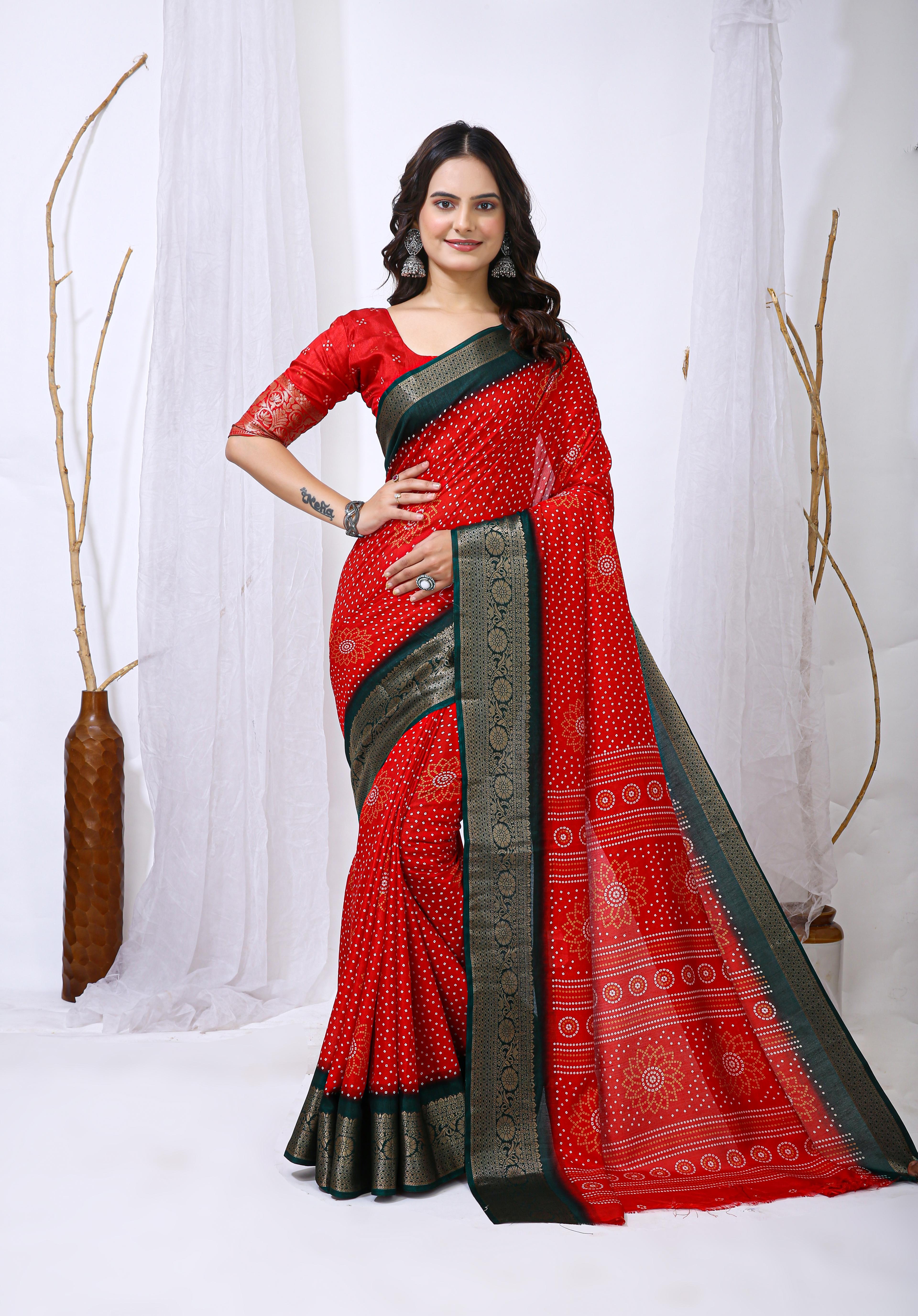 Bandhani Print Dola Silk Saree with Zari Border