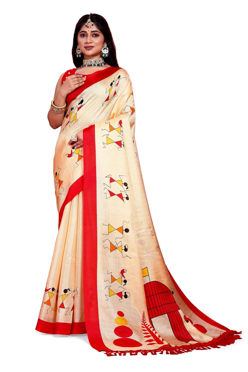 Khadi Silk Warli Printed Saree with Unstitched Blouse for Women (Color - Red) by SHIV TEXTILES