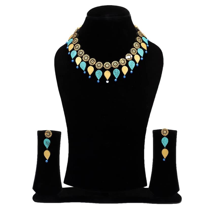 Le bijouxistic EKAM EK Gold and blue necklace set with earrings for women view 2