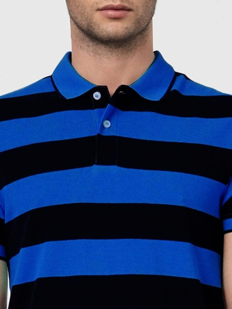 Men Royal Blue and Black thick Stripes regular fit Polo T-Shirt view 3