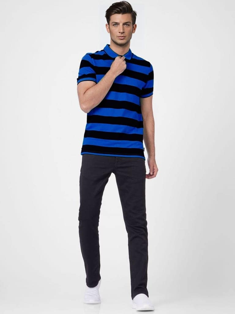 Men Royal Blue and Black thick Stripes regular fit Polo T-Shirt view 4
