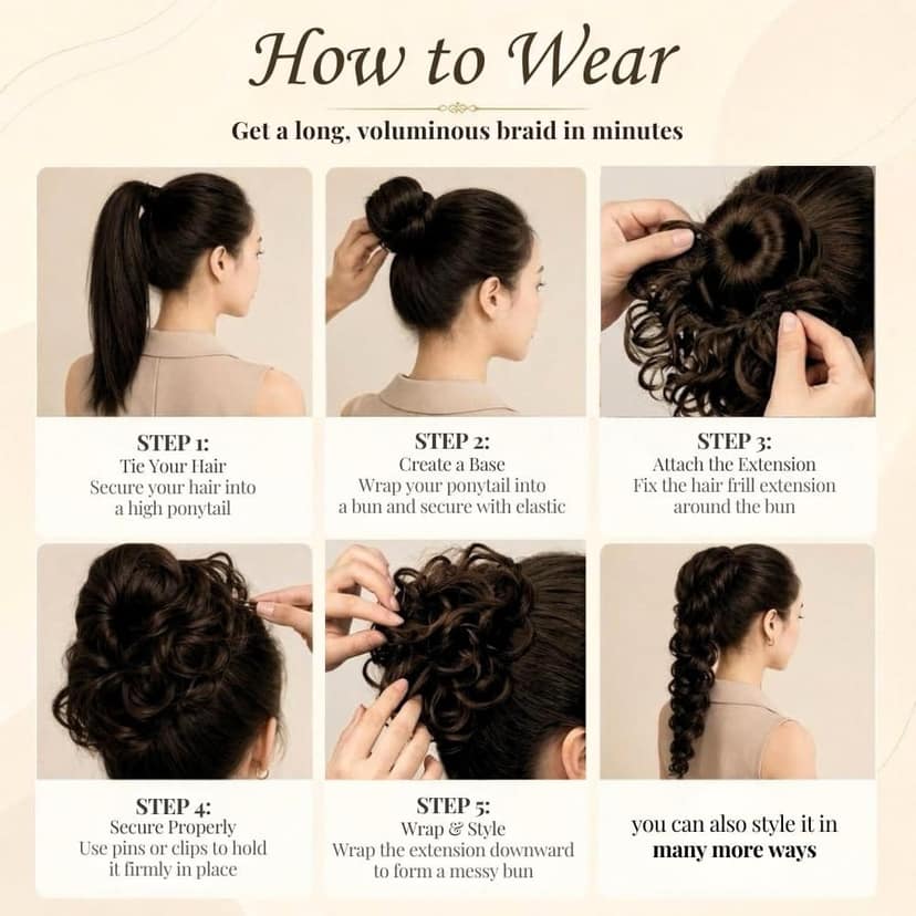 Messy Hair Frill Extension for Women & Girls - Premium Braid Ponytail Hair Accessories (Black) view 4