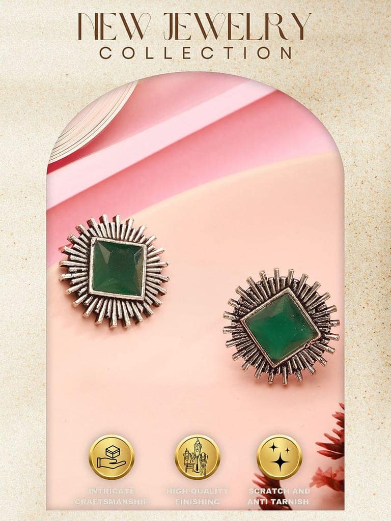 Oxidised Silver Toned Emerald Green Stone Studded Geometric Square Shaped Minimal Studds Earrings view 5