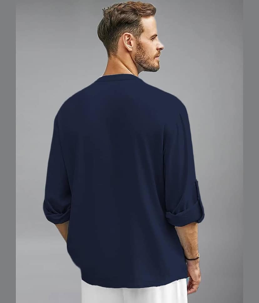 BHUVIKOO Cotton Blend Plain Shirt Style Kurta For Men ( Navy Blue ) view 2