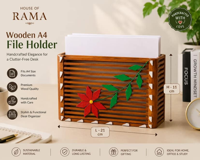 House of Ram Handcrafted Wooden Letter & Document Holder for A4 Papers | Decorative Desk Organizer for Home & view 2