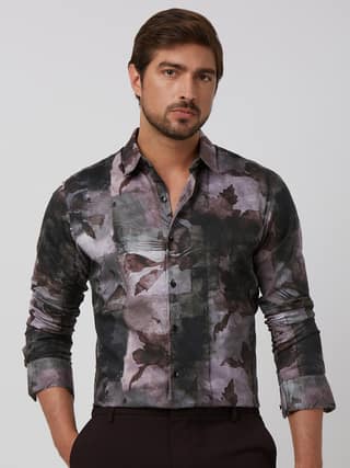 Grey Digital Plain Slim Fit Casual Shirt
