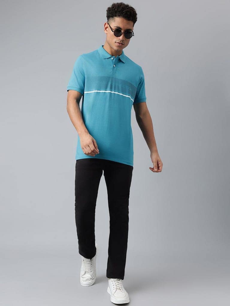 Men Teal Regular Fit Polo Neck T-Shirt view 6