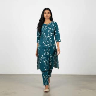 Indigo Blue Screen-Print Cotton Kurti and Trouser Set