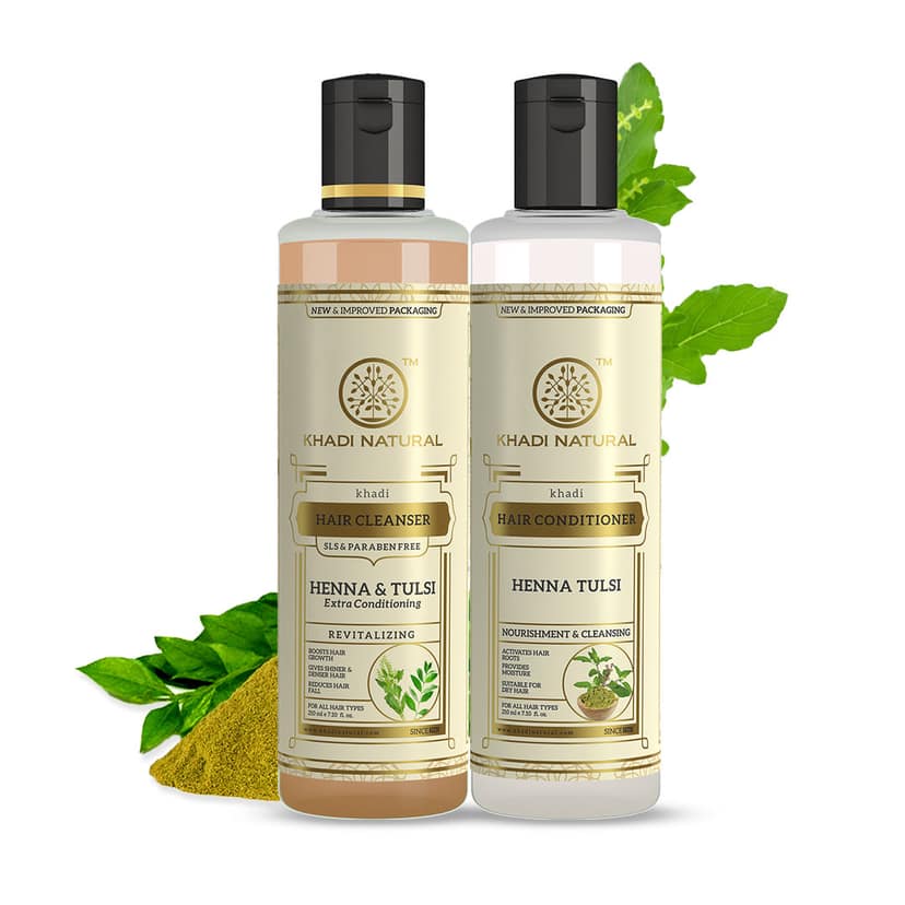 Khadi Natural Henna Tulsi Extra Conditioning Hair Cleanser (SLS & Paraben Free) & Henna Tulsi Hair Conditioner Combo Pack of 2 – 210ml Each