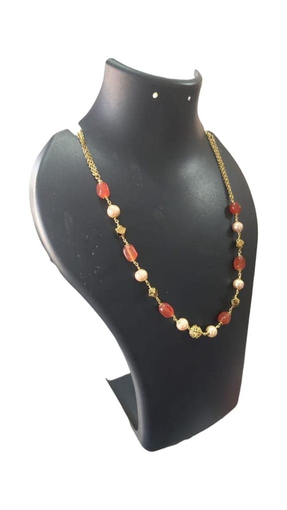 Delicate Carnelian and Pearl Beaded Necklace with Gold Plated Accents view 2