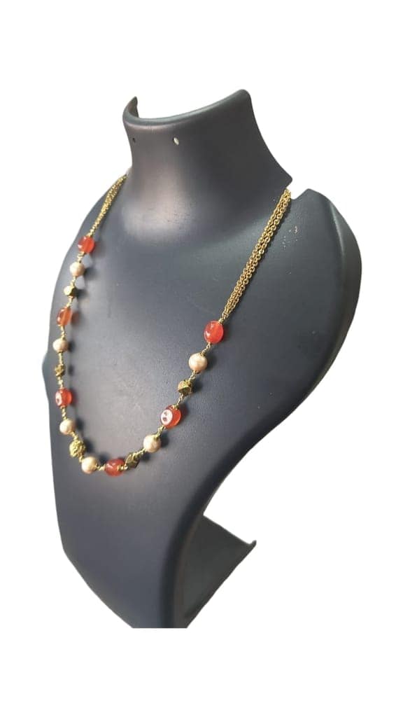 Delicate Carnelian and Pearl Beaded Necklace with Gold Plated Accents view 3