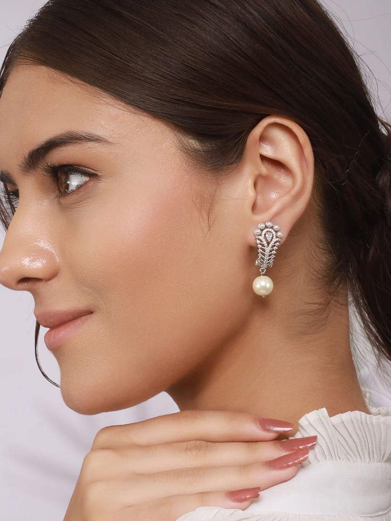 Silver Toned Pearl Beaded Minimal Studs Bali Earrings view 2