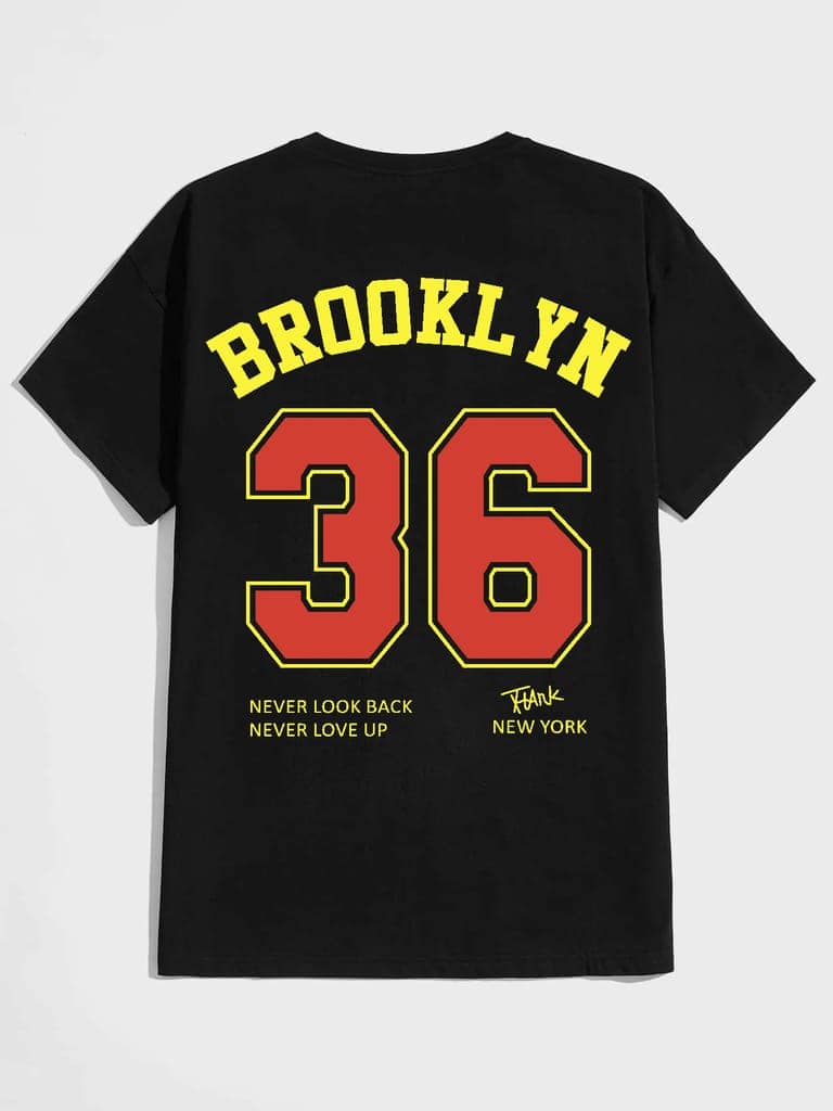 SCOTT FINCHER Men's Casual Short Sleeve T-Shirt with "Brooklyn 36 Never Look Back Never Love Up" Print in Red and Yellow : AA(HSR)BLACK_21