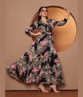 ZWERLON Women Georgette Printed Fit & Flare Dress ( Black )