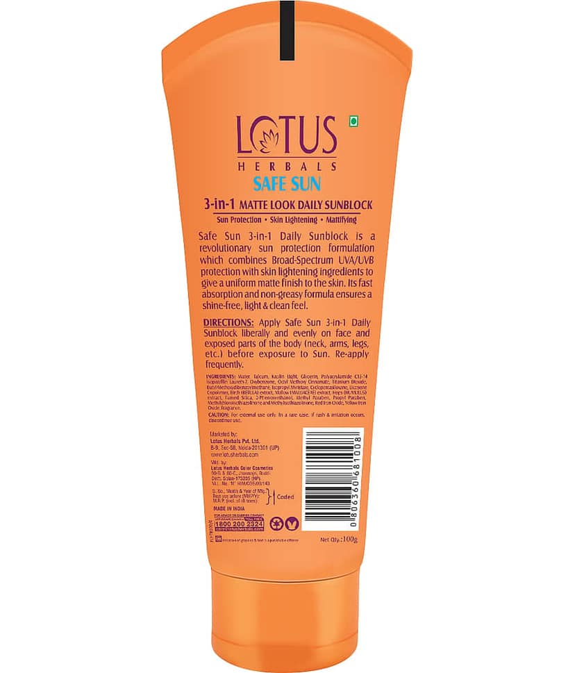 Lotus Herbals Safesun 3In1 Matte Look Daily Sunscreen, Spf 40 Pa+++, Matte Finish, 100G view 2