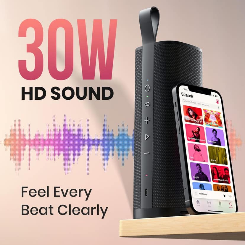 Portronics Fynix 30W HD Sound Portable Bluetooth Speaker with Dual Passive Radiator, 360° Surround Sound, Upto 6 Hours, Handsfree Calling, TWS Pairing, Bluetooth 5.3V, Type C Charging(Black) view 2