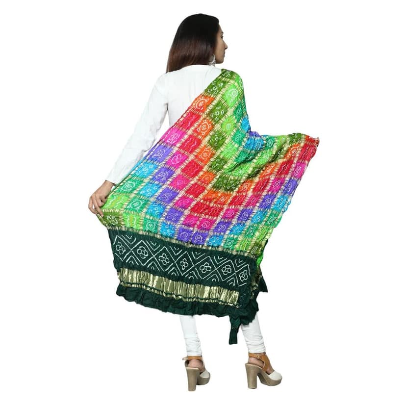 Garvi Gurjari Multicolor Gaji Silk Bandhani Dupatta with Green Border view 3