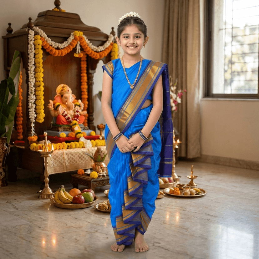 luster Shahi Mastani Nauvari saree for kids/girls Ready-to-wear with a stitched blouse, Traditional Maharashtrian Marathi saree, for School program ganpati pujas festival (Sky Blue, 13-14 Years) view 3
