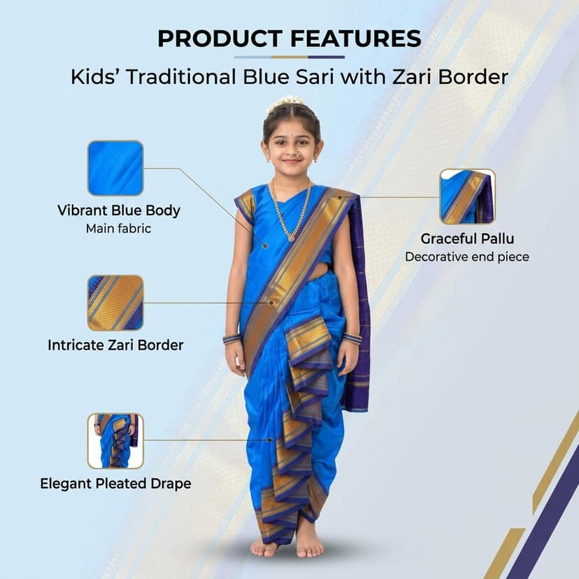 luster Shahi Mastani Nauvari saree for kids/girls Ready-to-wear with a stitched blouse, Traditional Maharashtrian Marathi saree, for School program ganpati pujas festival (Sky Blue, 13-14 Years) view 4