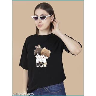 Wexam Style Women Black Printed Round Neck Short Sleeve Top