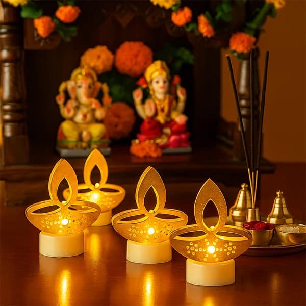Golden Diya Shaped LED Tealight Candles (6 Pcs)