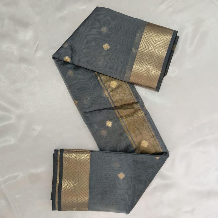 Silk Cotton Saree with Blouse - Grey view 4