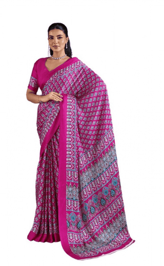 womens satin crepe printed saree with unstitched blouse 5mtr pink pid65067