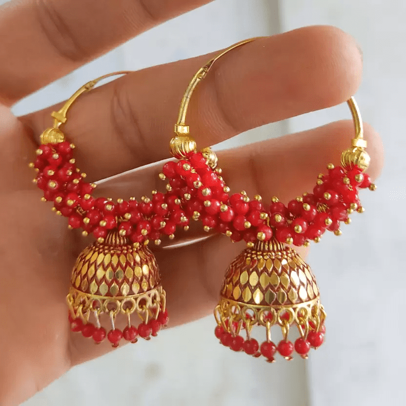 Traditional Ethnic Antique Red Color Oxidized hoop Jhumka Jhumki for Women Alloy Jhumki Earring, Drops & Danglers, Chandbali Earring, Earring Set view 2