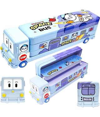 multicolor Cartoon Printed School Bus Pencil Box for Kids, Colorful Metal Pencil Case with Sharpener & Moving Wheels, Educational & Learning School Stationary Supply Set for Girls & girls (pack of 1) blue