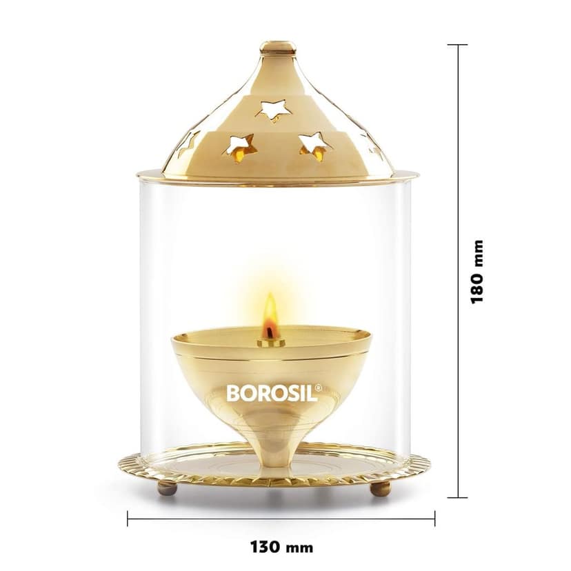Borosil Borosilicate Brass Glass Akhand Diya (Large, Brass) view 3