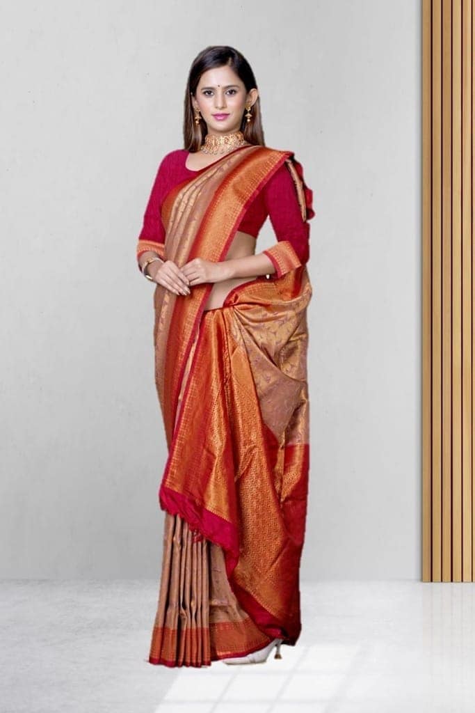 Kanjiwaram Silk Brocade Saree with Red border view 3