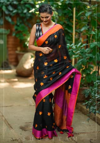 Linen by Linen Saree in Black with Fall Leaves Embroidery and Ganga Jamuna Borders | Shobitam Saree