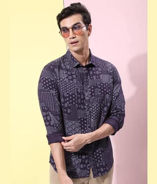 Ketch 100% Cotton Slim Fit Printed Full Sleeves Men's Casual Shirt - Purple ( Pack of 1 )