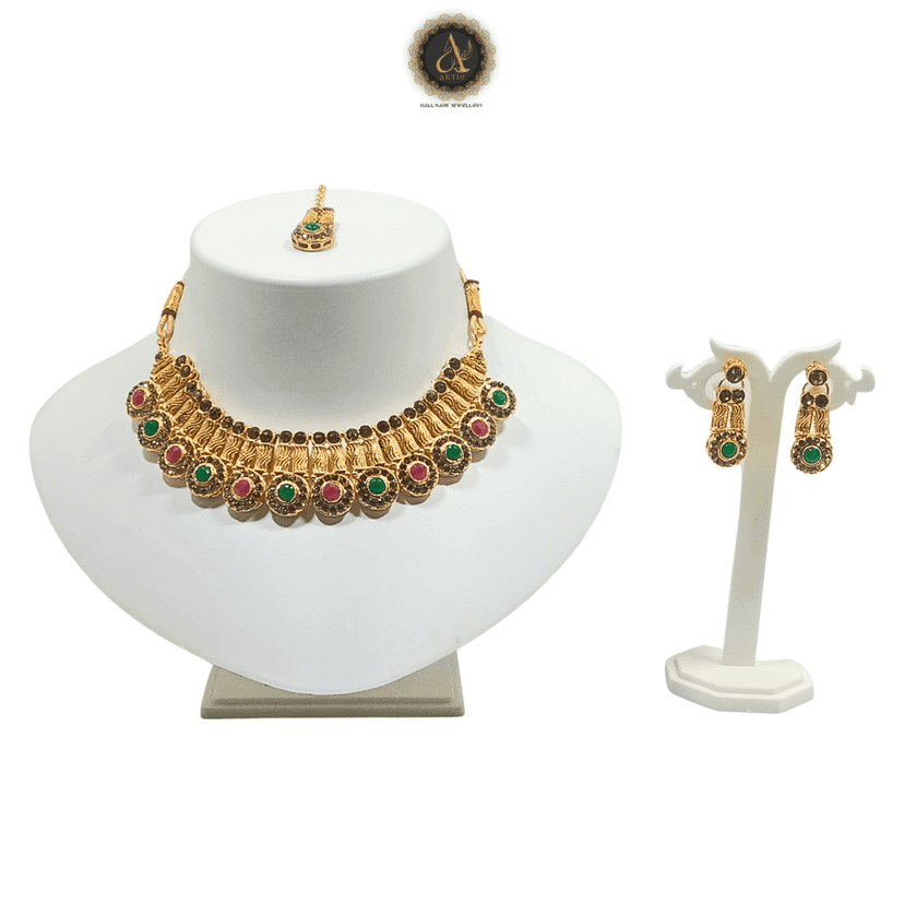Artik Hallmark - Luxury Handcrafted Gold Plated AD Spiral Necklace Set with Earrings And Mangtika, AD, Multicolour, Suited for Party Wedding Festive for Women