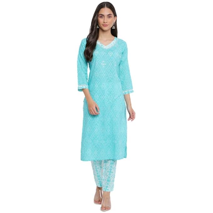 INDIAN KNOTS-Women Blue & white Pure Cotton Kurta with Trousers_1001-bag04-02 view 7