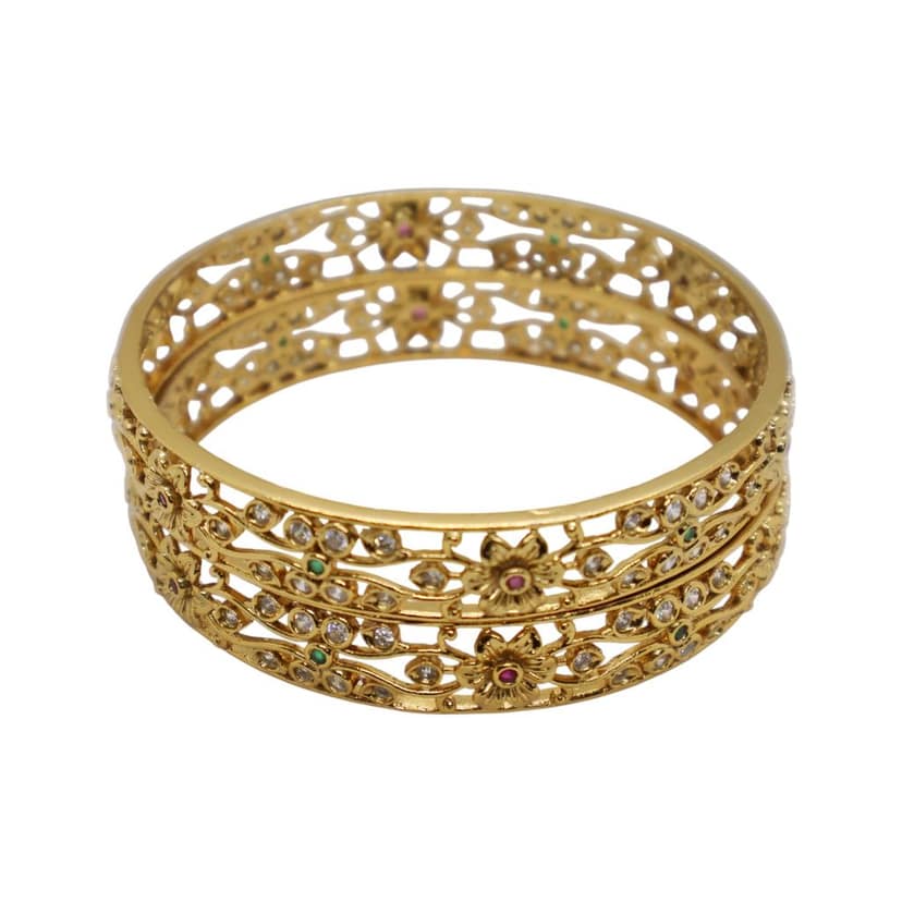 Gold Plated Floral Design Bangle with CZ, Green & Pink Stones – Traditional Party Wear Jewelry view 2