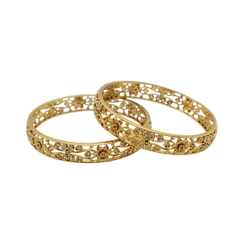 Gold Plated Floral Design Bangle with CZ, Green & Pink Stones – Traditional Party Wear Jewelry view 4