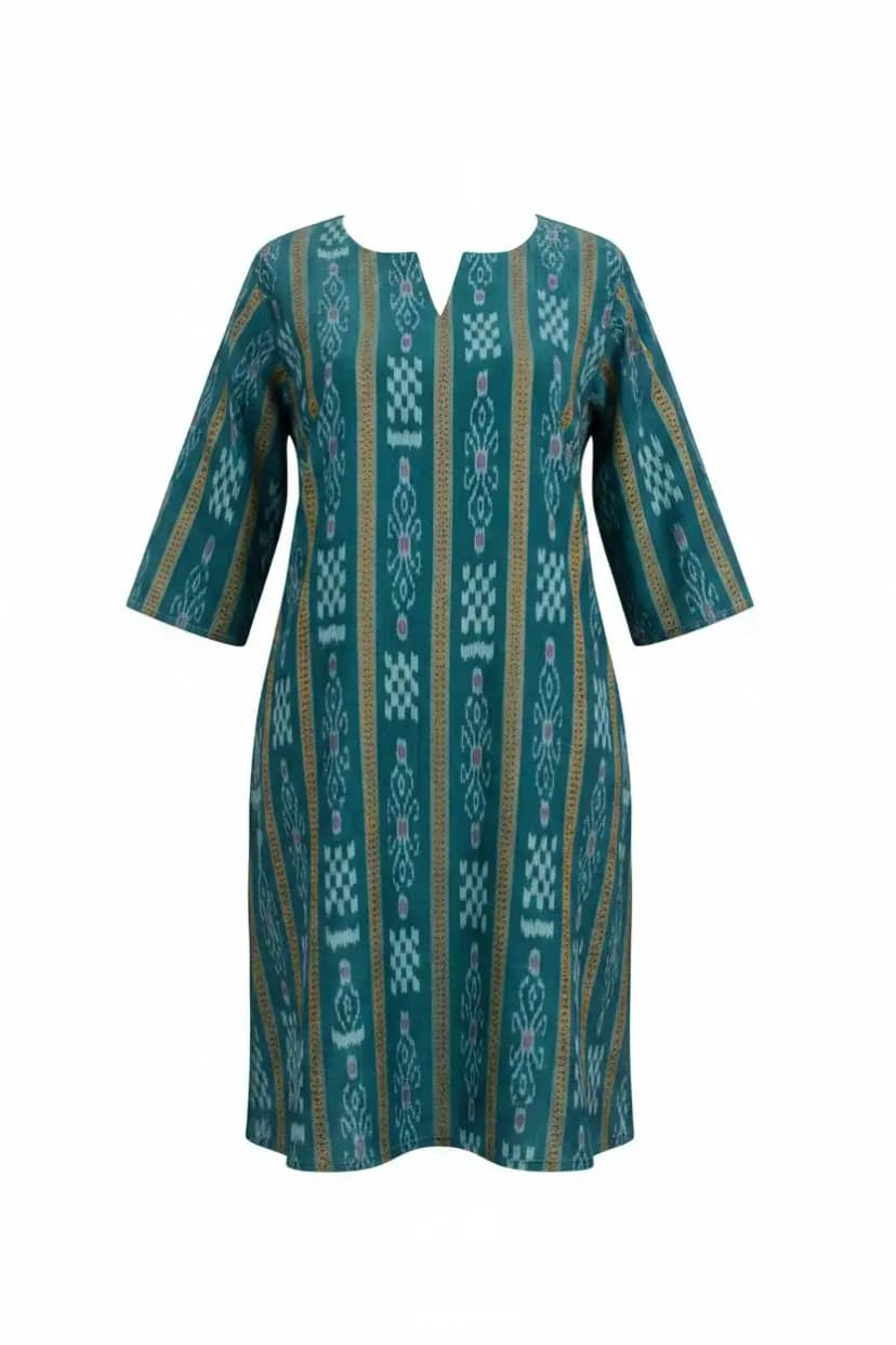 Sambalpuri Ikat Floral Peacock Teal-Odisha Handloom Kurti