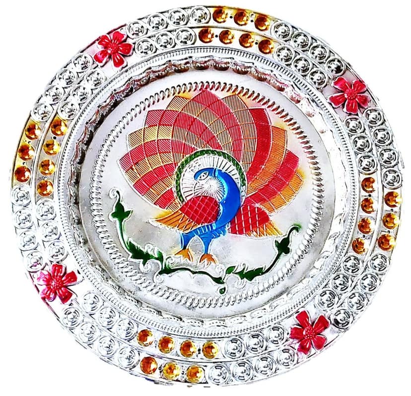 Omkar by R3 Inc. Multicolor Silver Gift Plate with Shagun Potli for Gifts Hampers | Fancy Hamper| Wedding Basket / Pouch for gift Packing (Pack of 3) view 2