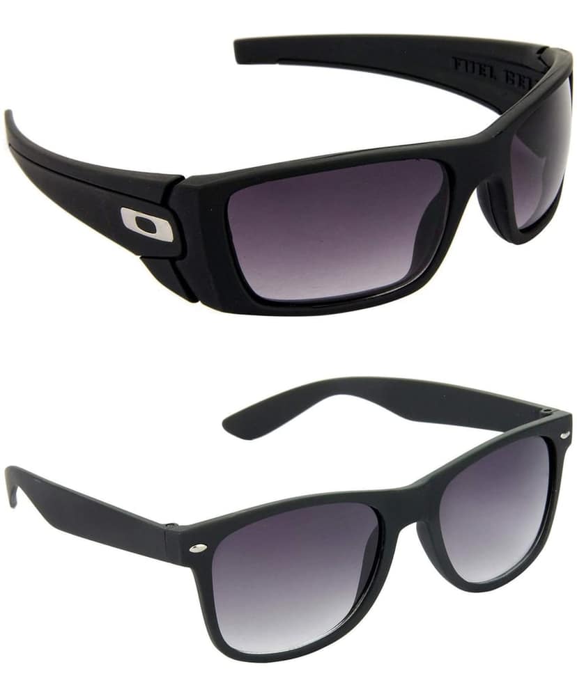 HRINKAR Men Sports Sunglasses Black Frame, Blue & Grey Lens (Medium) - Pack of 2