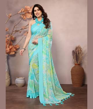 BLEESBURY Chiffon Printed Saree With Unstitched Blouse Piece ( Peach )