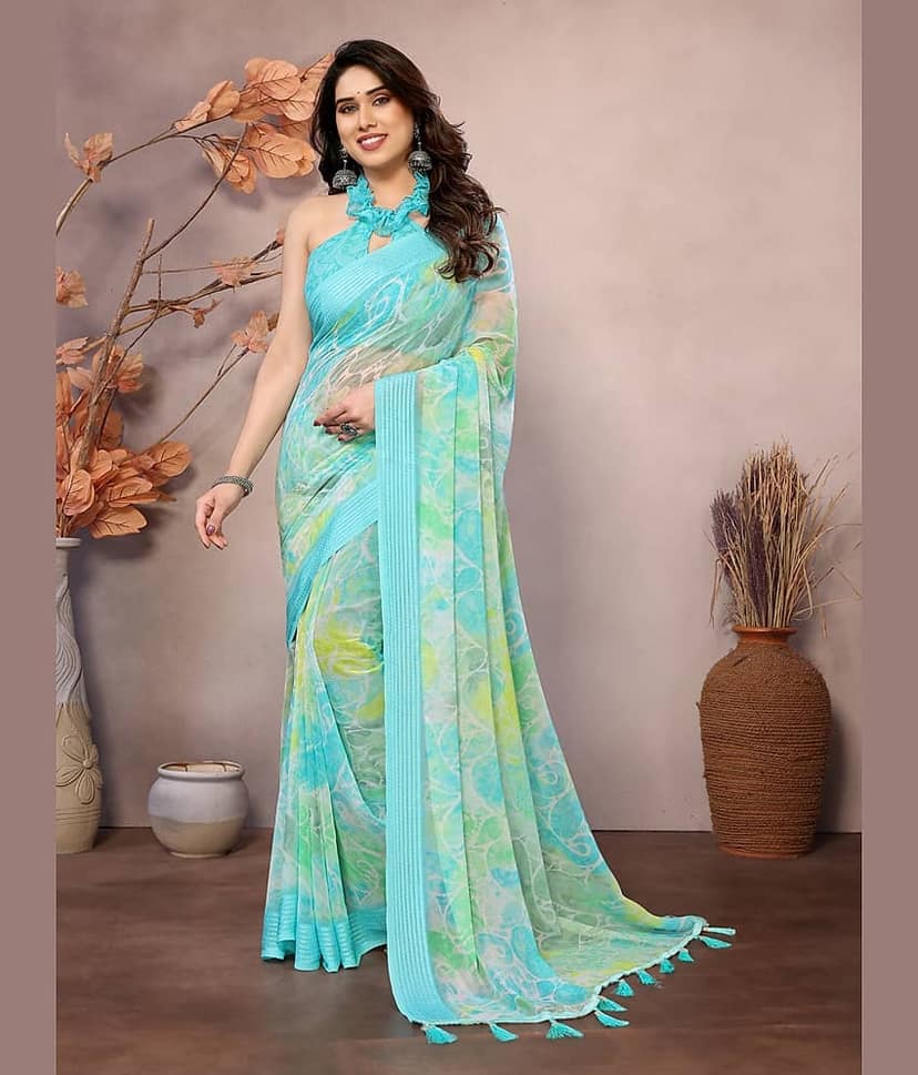 BLEESBURY Chiffon Printed Saree With Unstitched Blouse Piece ( Peach )