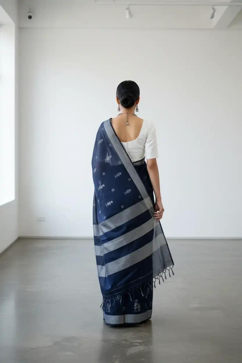 Handwoven Sambalpuri Pure Cotton Saree, Navy with Silver Border view 2