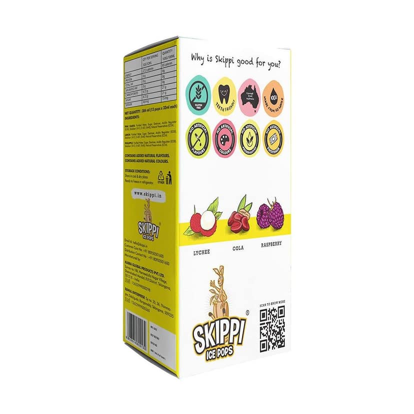 Yellow box of Cola, Lychee, Raspberry Flavor small pack of 12 Skippi Natural Ice Pops of 32 ml 4 sets of 3 flavors view 3