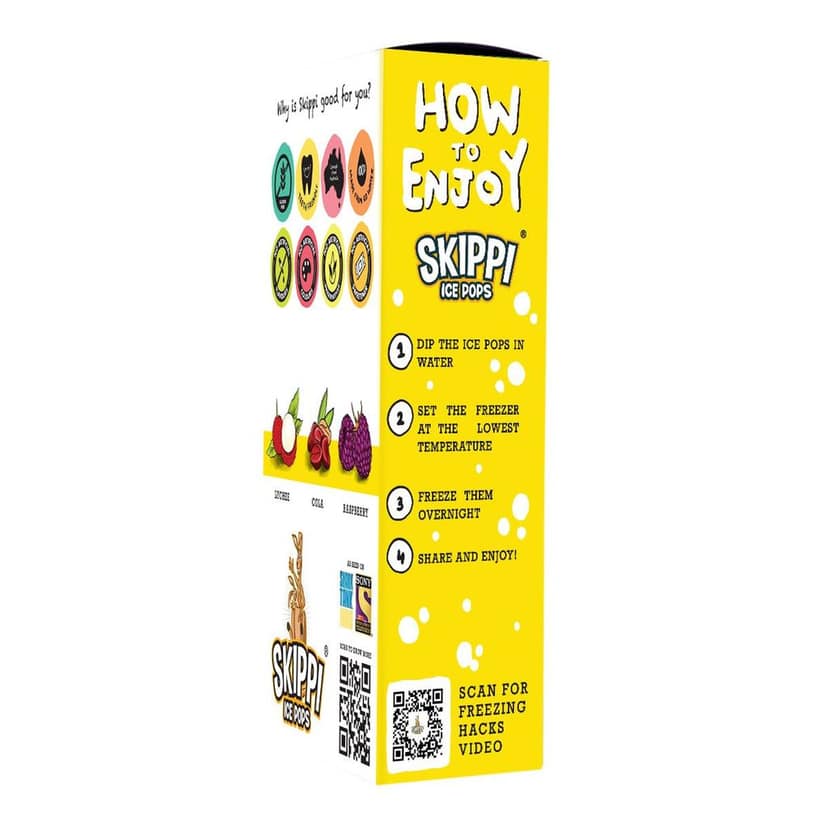 Yellow box of Cola, Lychee, Raspberry Flavor small pack of 12 Skippi Natural Ice Pops of 32 ml 4 sets of 3 flavors view 4