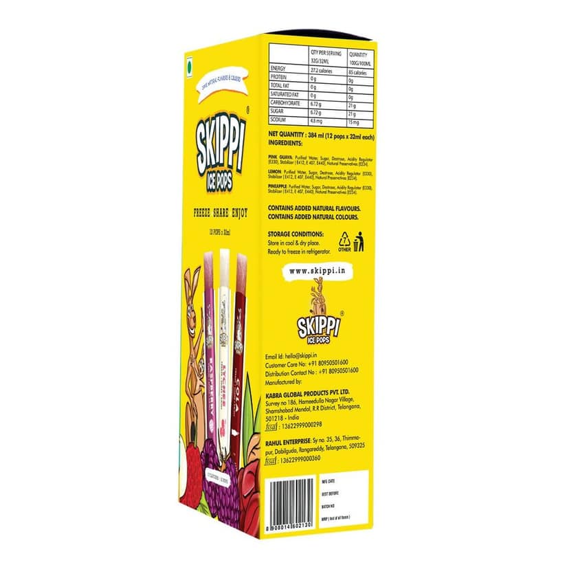 Yellow box of Cola, Lychee, Raspberry Flavor small pack of 12 Skippi Natural Ice Pops of 32 ml 4 sets of 3 flavors view 5