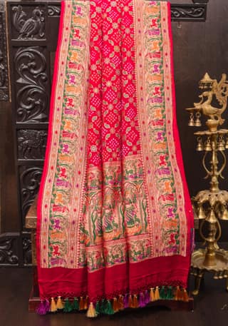 Exclusive Design Multi - Meenakari Jaal Pure Georgette Banarasi Saree with Authentic Hand Bandhej in Red | SILK MARK CERTIFIED