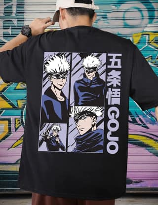 SCOTT FINCHER Men's Black T-shirt with a graphic of Satoru Gojo from the anime series Jujutsu Kaisen : AA(ARN)BLACK_180