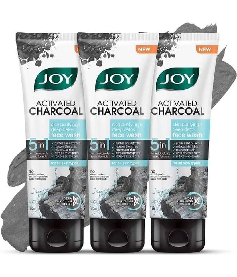 Joy Activated Charcoal Pocket Sized Face Wash for Oily Skin Controls Oil & Removes Dirt & Blackheads 50ml each (Pack of 3)