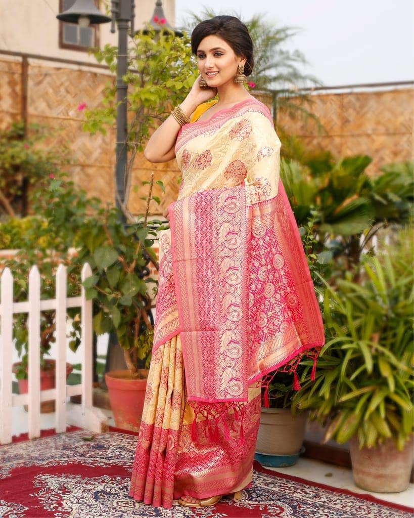 Banarasi Silk Saree Pastel Peach Color with contrast pallu and blouse-3071 view 3